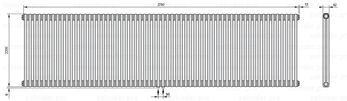 Схема (чертеж) Радиатор Zehnder Charleston 2220/60 №3470 Белый глянцевый RAL 9016